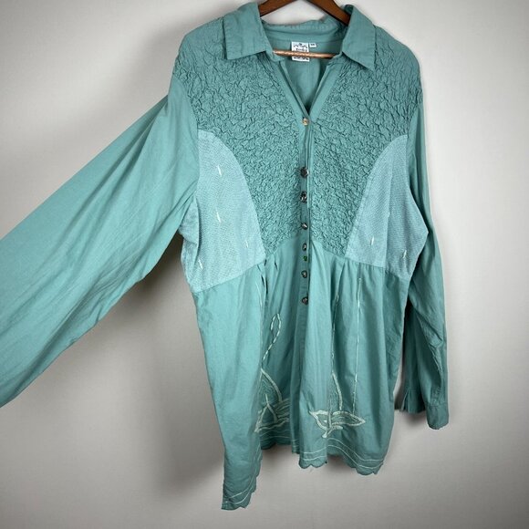 Parsley & Sage Tunic Top Womens 2X Green Blue Mixed Media Embroidered Button Up - Picture 9 of 15
